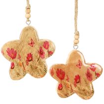 Artículo Colgante de madera con flores de primavera en color rosa natural H9cm 4 uds.