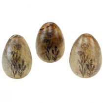 Artículo Huevos de madera madera de mango natural Huevos de Pascua hechos de madera decoración floral H10cm 3 piezas