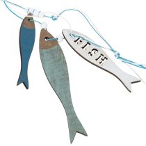 Artículo Adornos colgantes de madera con forma de pez, color azul, 36 cm, 4 piezas