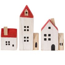 Artículo Conjunto de casita decorativa de madera, roja y blanca, decoración invernal de varias piezas, 13 cm, 6 piezas
