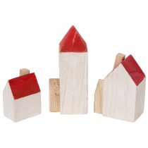 Artículo Conjunto de casita decorativa de madera, roja y blanca, decoración invernal de varias piezas, 13 cm, 6 piezas