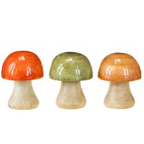 Artículo Setas de madera, decoración otoñal, setas verdes, rojas y naranjas, 6,5 cm de alto, 9 unidades