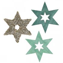Artículo Estrella de madera dispersa verde, mezcla de flor de pascua purpurina 4cm 72pzs