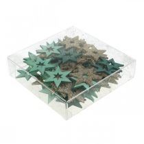 Artículo Decoración dispersa estrella de madera verde, mezcla de poinsettia con purpurina 4cm 72 piezas