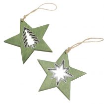 Artículo Estrella de madera con motivos Verde 11cm 6pcs