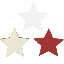 Artículo Scatter decoración estrellas de madera natural, rojo, blanco 3cm mix 72 piezas