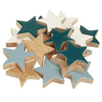 Artículo Estrellas de madera decoración de mesa estrellas blanco azul turquesa 5cm 12 piezas
