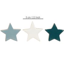 Artículo Estrellas de madera decoración de mesa estrellas blanco azul turquesa 5cm 12 piezas