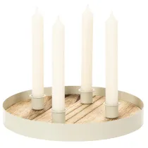 Artículo Portavelas para cuatro velas cónicas, bandeja redonda de madera, 25 cm.