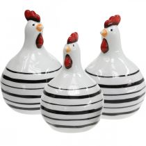 Artículo Gallina decorativa cerámica blanca rayas negras redonda Ø 7cm H11cm 3 uds