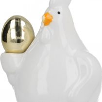 Artículo Gallina decorativa con huevo dorado, figura de Pascua porcelana, decoración Pascua gallina H12cm 2pcs