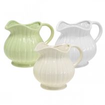 Florero decorativo, jarra con asa cerámica verde, blanco, crema H14.5cm 3pcs