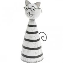 Gato con gafas, figura decorativa para colocar, figura de gato metal blanco y negro H16cm Ø7cm