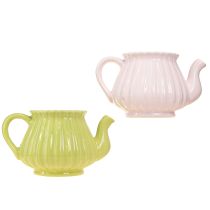 Artículo Jardinera tetera decorativa de cerámica rosa verde 19,5×13,5×11cm 2 piezas