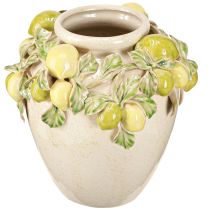 Artículo Jarrón de cerámica con decoración de limón, color verde mediterráneo y amarillo, altura 19 cm
