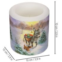 Artículo Vela cilíndrica con paisaje invernal, burro y perro, 10 cm.