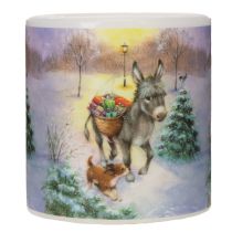 Artículo Vela cilíndrica con paisaje invernal, burro y perro, 10 cm.
