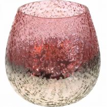 Farol de cristal, portavelas, decoración de mesa, vela de cristal rosa / plateado Ø15cm H15cm