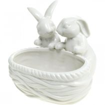 Artículo Conejos con nido, decoración de mesa, nido de Pascua, decoración de porcelana, cuenco decorativo blanco L15cm H11cm
