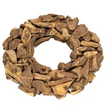 Artículo Corona decorativa redonda de 35 cm, hecha de piezas de madera natural.