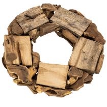 Artículo Corona decorativa redonda de 35 cm, hecha de piezas de madera natural.