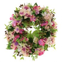 Corona de flores con hortensia y bayas rosa Ø30cm