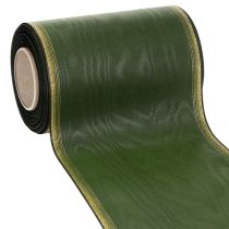 Artículo Cinta de moiré para coronas, 150 mm, verde oscuro con borde de perlas doradas, tejido de tafetán, rollo de 25 m para decoración y diseño.
