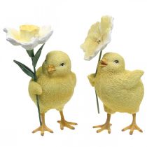 Pollitos felices de Pascua, pollitos con flores, decoraciones de mesa de Pascua, pollitos decorativos H11/11.5cm, juego de 2