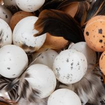 Artículo Huevos de codorniz artificiales, plumas decorativas en un palito, 36 cm, 12 unidades