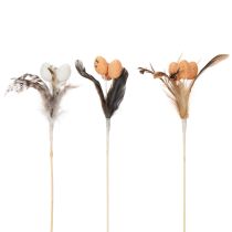 Artículo Huevos de codorniz artificiales, plumas decorativas en un palito, 36 cm, 12 unidades