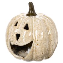 Artículo Decoración de calabaza de cerámica con LED y cara sonriente, 13 cm.
