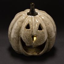 Artículo Decoración de calabaza de cerámica con LED y cara sonriente, 13 cm.