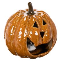 Artículo Calabaza de cerámica decorativa con luz LED para Halloween, 15 cm