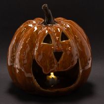 Artículo Calabaza de cerámica decorativa con luz LED para Halloween, 15 cm