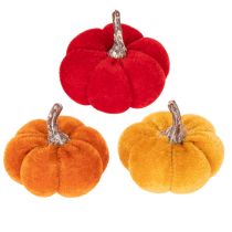 Artículo Juego de calabazas decorativas de terciopelo en tres colores, mini calabazas de 5 cm, 12 piezas.