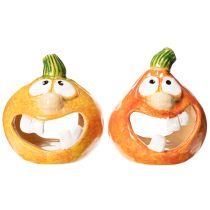 Artículo Figura decorativa de calabaza y portavelas, cara divertida, decoración otoñal, 12 cm, 2 piezas