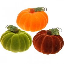 Artículo Deco calabaza flocado mezcla naranja, verde, rojo decoración de otoño 16cm 3pcs