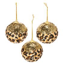Artículo Adornos navideños con estampado de leopardo y purpurina dorada, 7 cm, 3 unidades