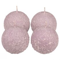 Artículo Velas redondas, color morado, bola de nieve, velas con purpurina, 8 cm, 4 unidades