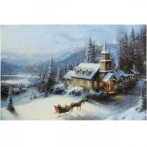 Cuadro LED Navidad paisaje invernal con iglesia mural LED 58x38cm