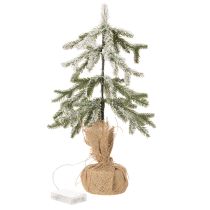 Artículo Planta artificial con nieve, árbol de Navidad LED en saco de yute, funciona con pilas, para uso en interiores, 50 cm