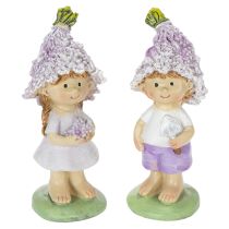 Artículo Figura decorativa de un niño y una niña con flores en tonos lavanda para salón y jardín, 10 cm, 2 piezas.
