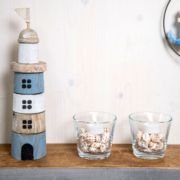 Faro de madera Marine Wood Deco azul blanco H30.5cm
