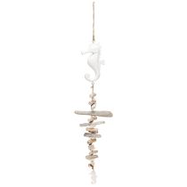 Artículo Guirnalda de decoración marítima con conchas de madera a la deriva, caballito de mar blanco, 55 cm