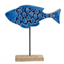 Artículo Pez de madera decorativo marítimo sobre soporte azul 25cm × 24,5cm