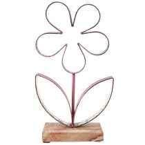 Artículo Decoración de metal con forma de flor sobre base de madera color plata rosa viejo H29cm