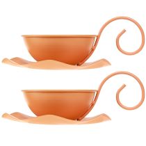 Artículo Taza decorativa de metal, color naranja, Ø11,5 cm, H6 cm, con platillo, 2 unidades.