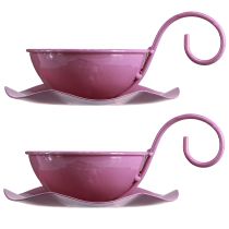 Artículo Taza decorativa de metal con platillo rosa H8cm Ø11,5cm 2ud
