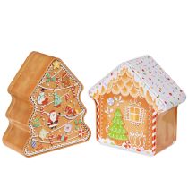 Artículo Lata navideña, lata para galletas, árbol y casa de Navidad, estilo pan de jengibre, 14 cm, 2 piezas