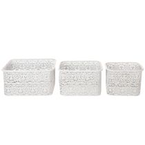 Artículo Cuencos metálicos con diseño de encaje, recipiente decorativo, cuadrados, estilo shabby chic, blancos, 27/23/19 cm, 13,5 cm de alto, juego de 3